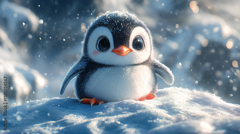 A cute, animated penguin stands on snow, surrounded by a magical winter landscape. A cute, animated penguin stands on snow, surrounded by a magical winter landscape.