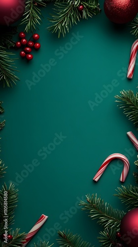 Christmas background with candy canes, pine branches, and red ornaments on a green table in a flat lay style.