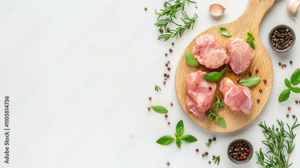 Fresh chicken pieces on a wooden board surrounded by herbs and spices, ready for cooking. Fresh chicken pieces on a wooden board surrounded by herbs and spices, ready for cooking.
