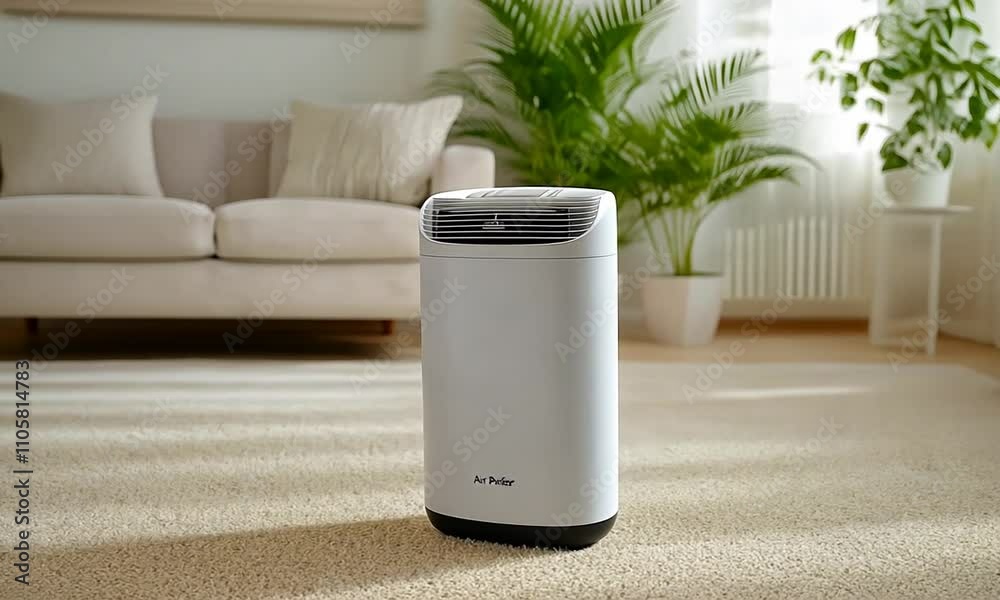 A sleek air purifier operates in a sunny living room adorned with greenery, improving indoor air quality and comfort