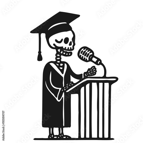 skeleton graduation student standing at a podium illustration