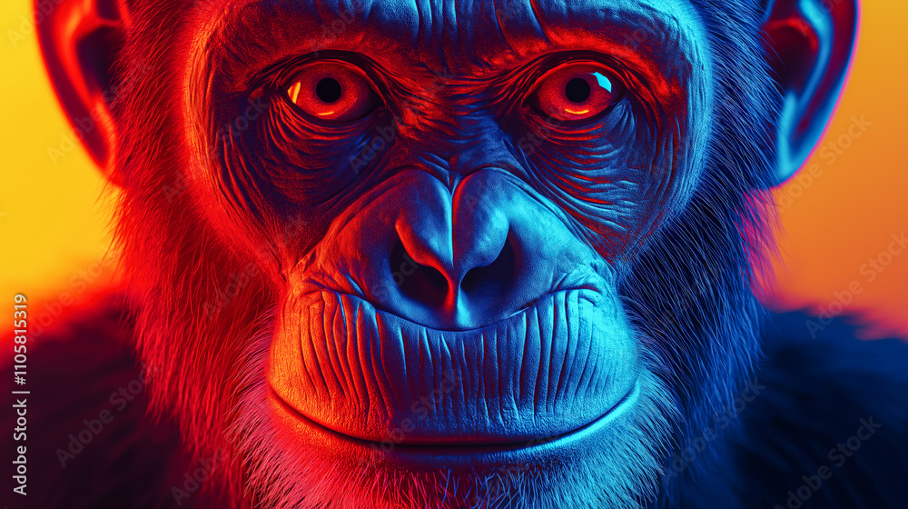 Explore the striking vibrancy of a chimpanzees face, rendered in eye catching colors that highlight its expressive features and rich detail. Explore the striking vibrancy of a chimpanzees face, rendered in eye catching colors that highlight its expressive features and rich detail.