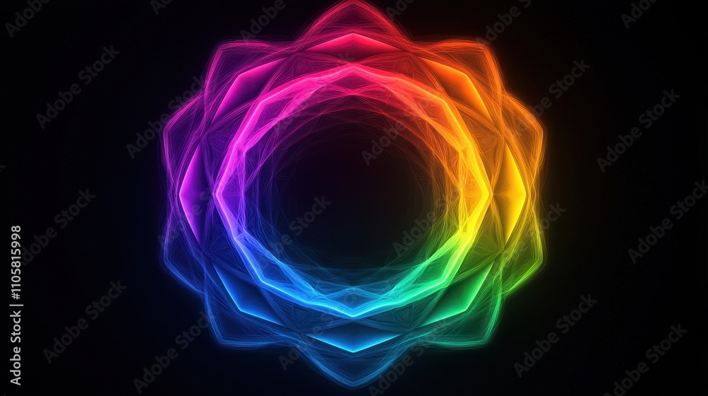 Fototapeta premium Colorful geometric pattern with glowing lines in vibrant rainbow hues on dark background