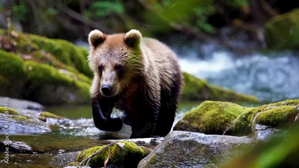 Young Bear chasing trying to catch salmon. Grizzly bear cub foraging in fall, fishing for salmon. Brown Bear in river in coastal British Columbia near Bute inlet and Campbell River. Animals in Canada Young Bear chasing trying to catch salmon. Grizzly bear cub foraging in fall, fishing for salmon. Brown Bear in river in coastal British Columbia near Bute inlet and Campbell River. Animals in Canada