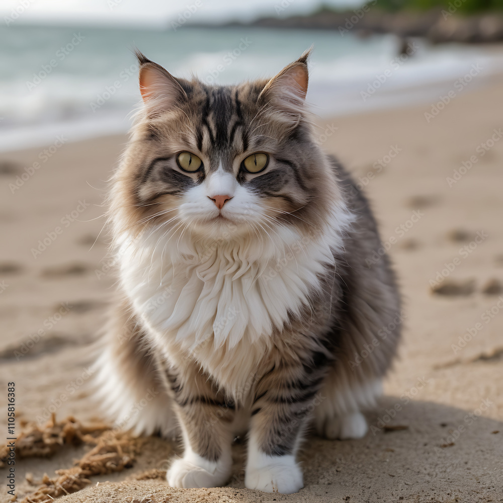 Majestic Longhair Cat on Sandy Beach by the Ocean, a Serene Coastal Portrait Majestic Longhair Cat on Sandy Beach by the Ocean, a Serene Coastal Portrait