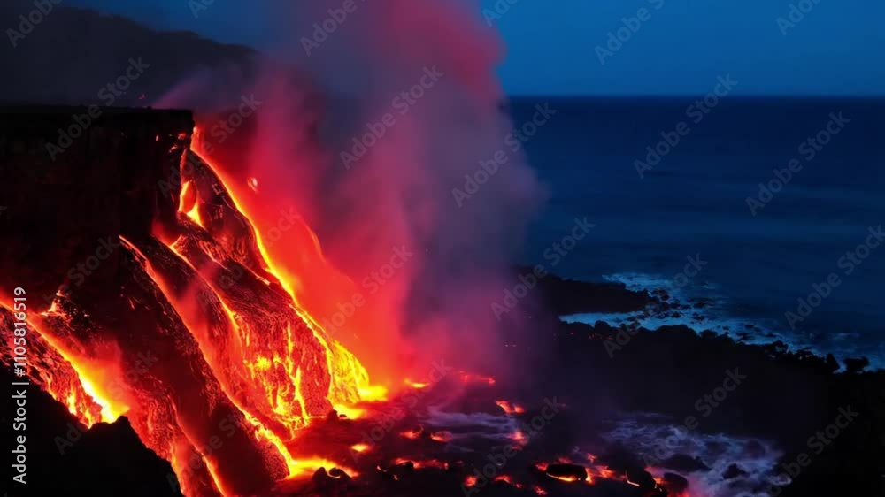Lava flowing in the ocean and huge rock falls breaking off from volcanic lava eruption on Big Island Hawaii. Lava meets the Ocean in dramatic spectacle. Kilauea volcano. Night shot slow motion Lava flowing in the ocean and huge rock falls breaking off from volcanic lava eruption on Big Island Hawaii. Lava meets the Ocean in dramatic spectacle. Kilauea volcano. Night shot slow motion