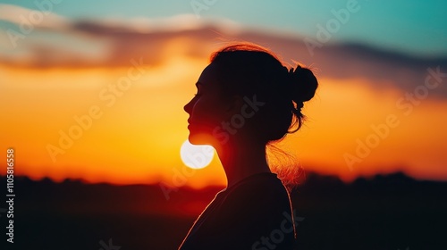 A silhouette of a woman against a vibrant sunset, capturing a moment of tranquility and reflection in nature's beautiful colors.