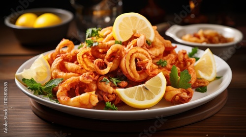 Crispy Fried Calamari Rings, Lemon Wedges, Parsley Garnish