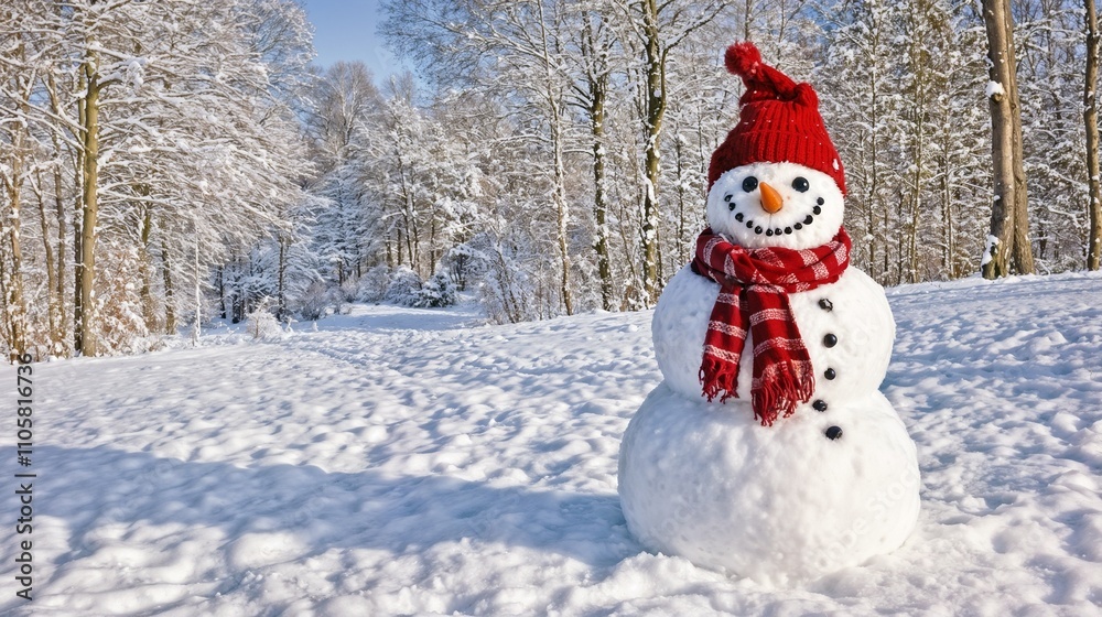 Obraz premium Friendly Snowman with Red Accessories in Serene Winter Forest