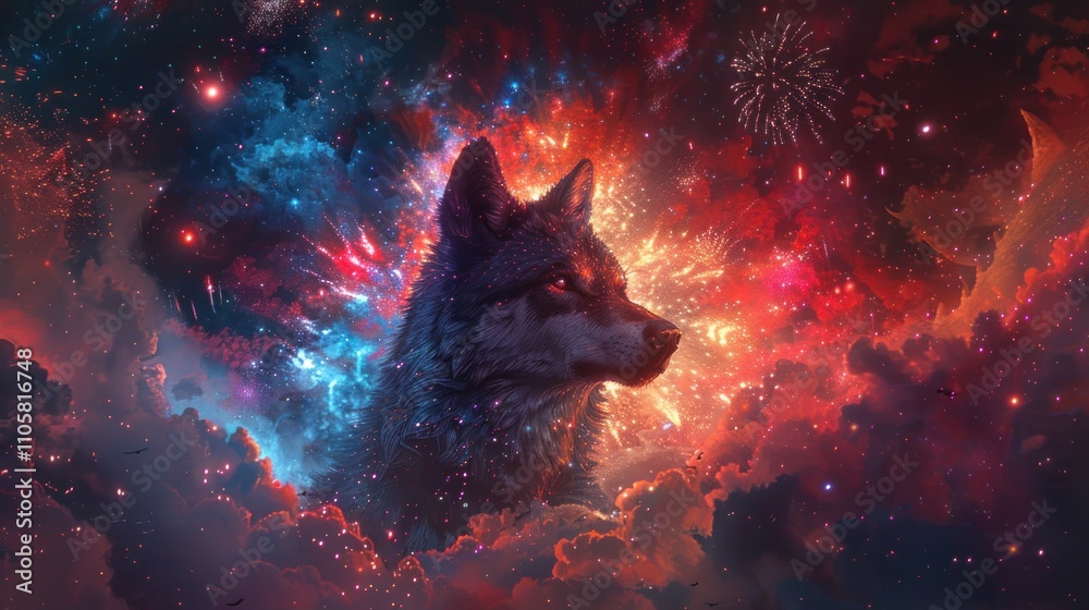Fototapeta premium Cosmic wolf portrait in vibrant nebula.