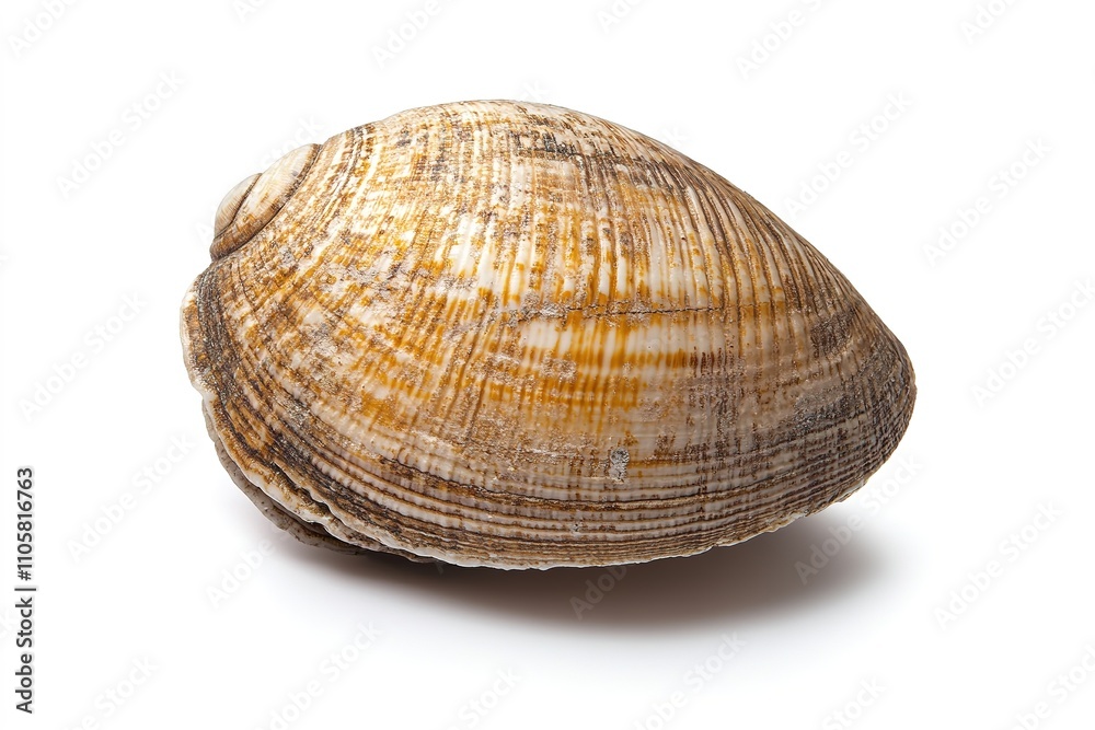 Close-up view of single seashell on white backdrop Close-up view of single seashell on white backdrop