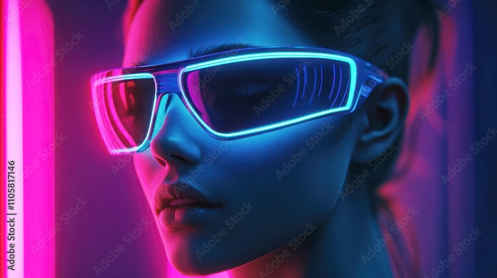 Profile of person wearing illuminated neon sunglasses in cyberpunk style, with striking pink and blue lighting creating a dramatic retro-futuristic aesthetic against dark background Profile of person wearing illuminated neon sunglasses in cyberpunk style, with striking pink and blue lighting creating a dramatic retro-futuristic aesthetic against dark background