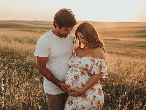 A couple in a sunlit field, embracing while the woman cradles her pregnant belly, symbolizing love and anticipation for their new arrival.