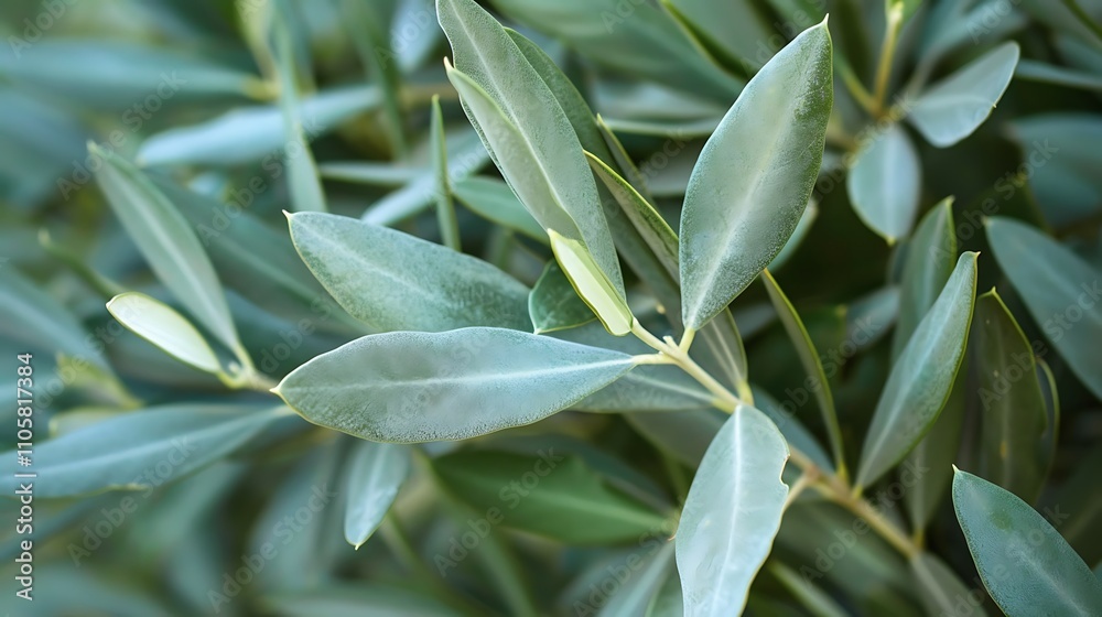 Obraz premium A close-up of the silvery-green leaves of an olive tree, with their narrow, elongated shape and fine texture