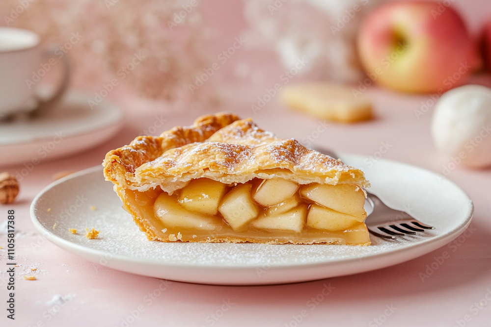 A slice of apple pie on an elegant white plate A slice of apple pie on an elegant white plate