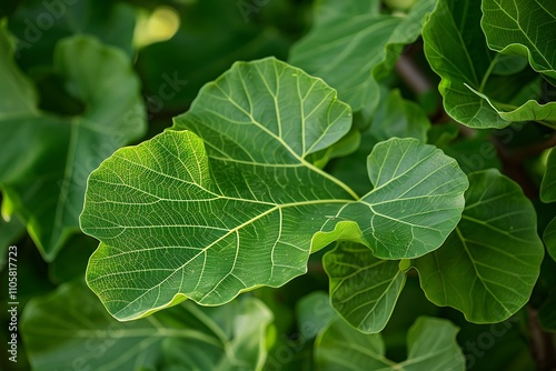 A close-up of the thick, oval leaves of a fig tree, with a rich green color and a slightly fuzzy texture photo