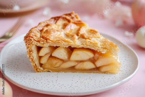 A slice of apple pie on an elegant white plate