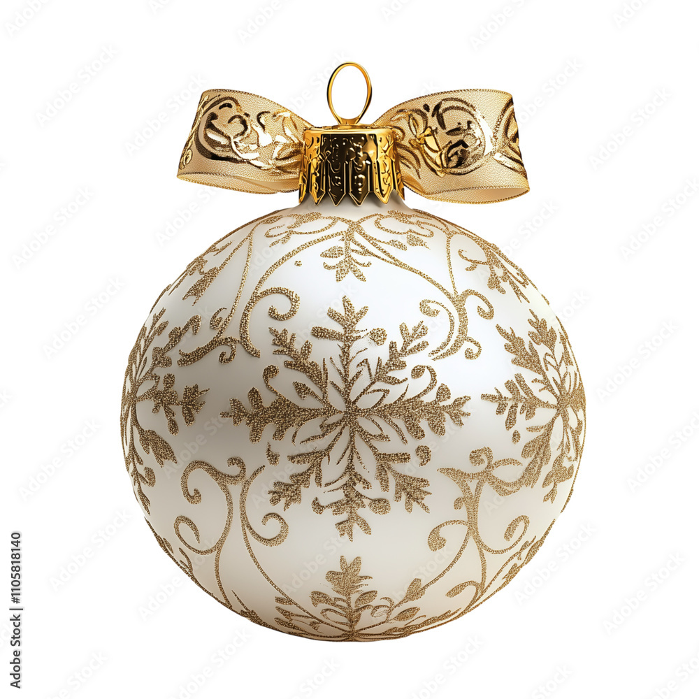 Festive white Christmas ornament ball with golden snowflake patterns and a ribbon bow for decoration Festive white Christmas ornament ball with golden snowflake patterns and a ribbon bow for decoration