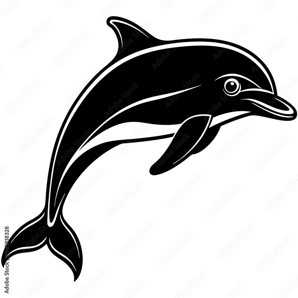 Obraz premium Full size dolphin vector black silhouette illustration on a white background