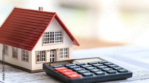 Detailed closeup of calculator and loan paperwork with miniature house model, morning light, softfocus, warm and professional