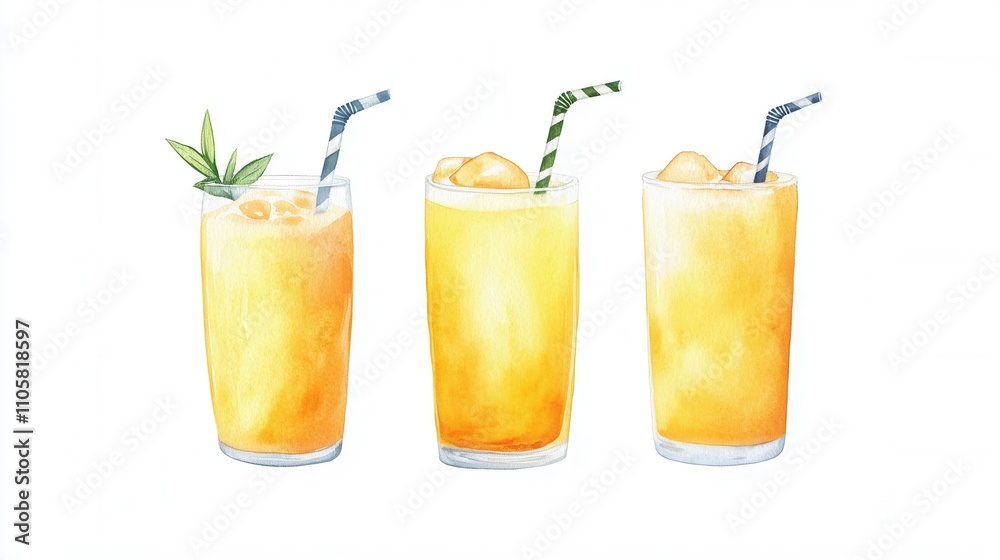 Three refreshing orange drinks in tall glasses, featuring ice and colorful straws, evoke a bright, summery vibe. Three refreshing orange drinks in tall glasses, featuring ice and colorful straws, evoke a bright, summery vibe.