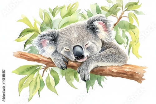 A cute, sleeping koala rests on a branch surrounded by green leaves, embodying tranquility and the beauty of wildlife. photo