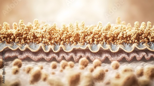 Cross-sectional view of human skin showing the epidermis, dermis, and subcutaneous layers, highlighting cellular details.  photo