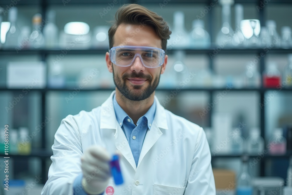 A scientist smiles confidently while holding a bright blue test tube in a well equipped laboratory. Shelves filled with glassware and lab equipment are visible in the background, showcasing a busy res A scientist smiles confidently while holding a bright blue test tube in a well equipped laboratory. Shelves filled with glassware and lab equipment are visible in the background, showcasing a busy res
