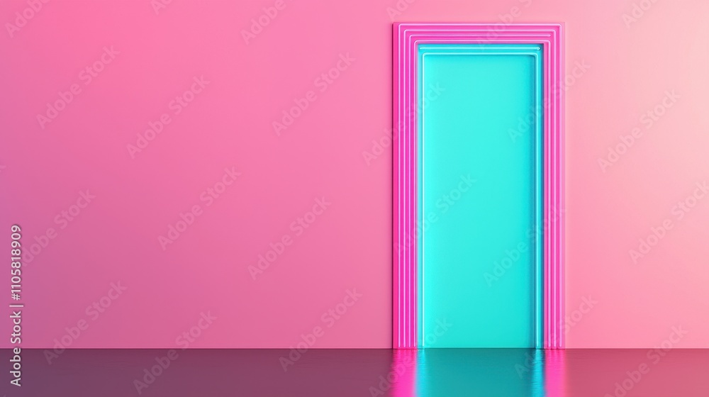 Vibrant Minimalist Doorway in Pink and Aqua on Smooth Reflective Surface Vibrant Minimalist Doorway in Pink and Aqua on Smooth Reflective Surface