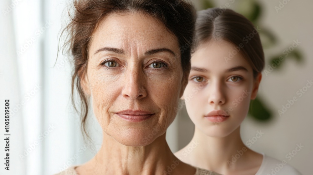 A mature woman and a young girl stand together, showcasing a connection between generations with soft expressions and natural lighting. A mature woman and a young girl stand together, showcasing a connection between generations with soft expressions and natural lighting.