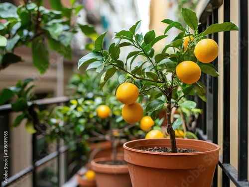 A vibrant balcony garden showcasing potted lemon trees adorned with bright yellow fruit, adding charm and freshness to the urban setting.