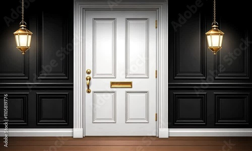 A welcoming entrance features a sleek white door complemented by decorative wall lamps and sophisticated black paneled walls