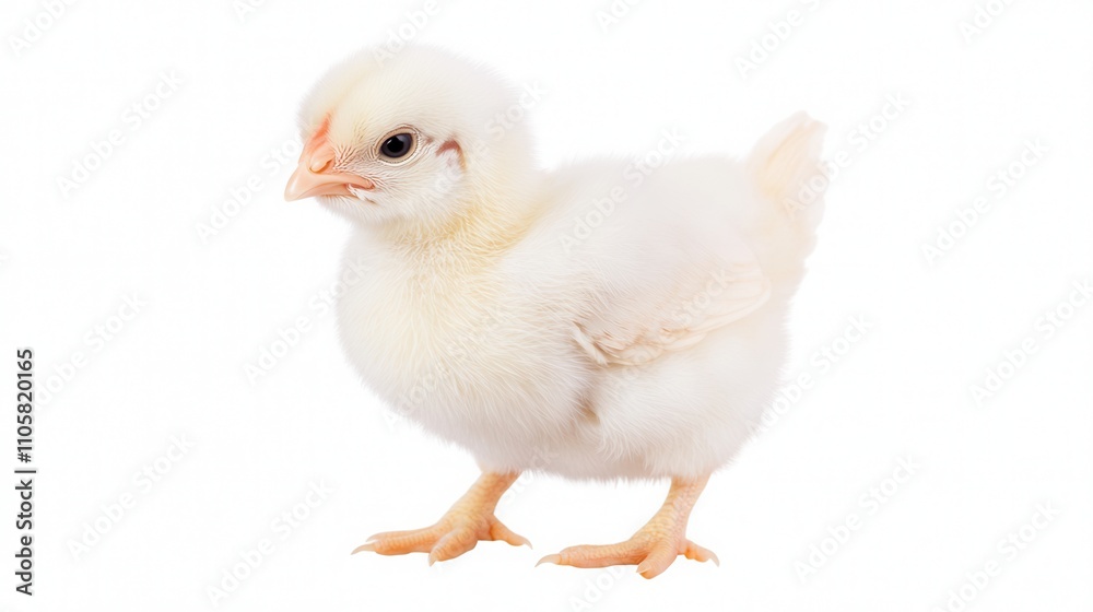 Obraz premium A fluffy, white chick stands on a white background, showcasing its soft feathers and curious expression, embodying the innocence of young poultry.