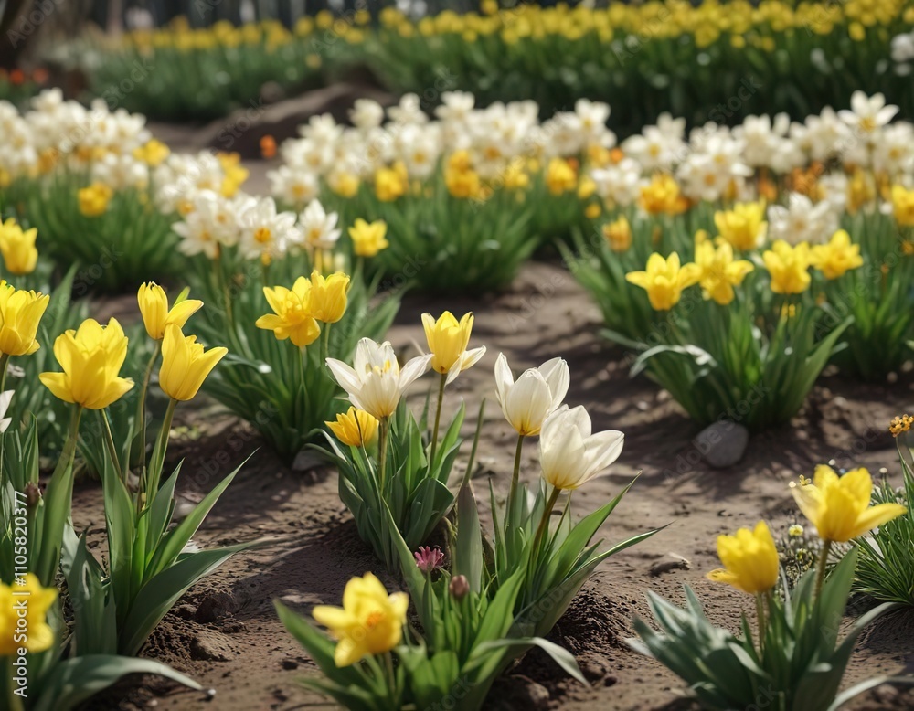 Delicate tulips and daffodils swaying in the spring wind, garden landscape, spring floral scene, nature photography Delicate tulips and daffodils swaying in the spring wind, garden landscape, spring floral scene, nature photography