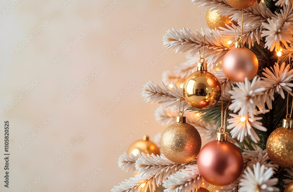 A chic white Christmas tree decorated with gold and rose gold baubles, softly glowing lights, and a warm beige background. Perfect for modern holiday decor inspiration. Selective focus A chic white Christmas tree decorated with gold and rose gold baubles, softly glowing lights, and a warm beige background. Perfect for modern holiday decor inspiration. Selective focus
