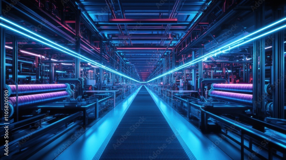 A futuristic corridor filled with vibrant blue and pink neon lights, showcasing a high-tech industrial environment.