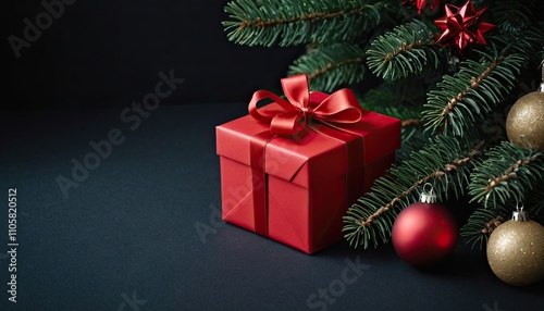 Christmas themed background with ornaments, a gift box with a red ribbon, and pine branches decorations