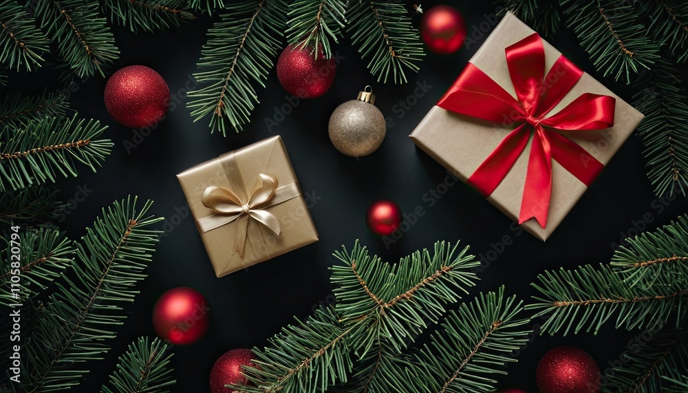 Christmas themed background with ornaments, a gift box with a red ribbon, and pine branches decorations Christmas themed background with ornaments, a gift box with a red ribbon, and pine branches decorations