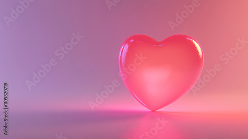 Glossy pink heart on a gradient background with soft purple and pink tones. Minimalistic 3D design with reflective surface and glowing effect. Ideal for Valentine’s Day cards, banners. 