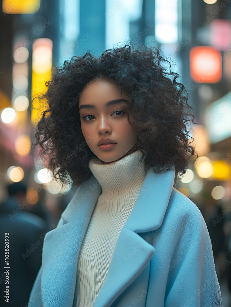 A young woman with big, soft curls, standing in a bustling metropolis. A young woman with big, soft curls, standing in a bustling metropolis.