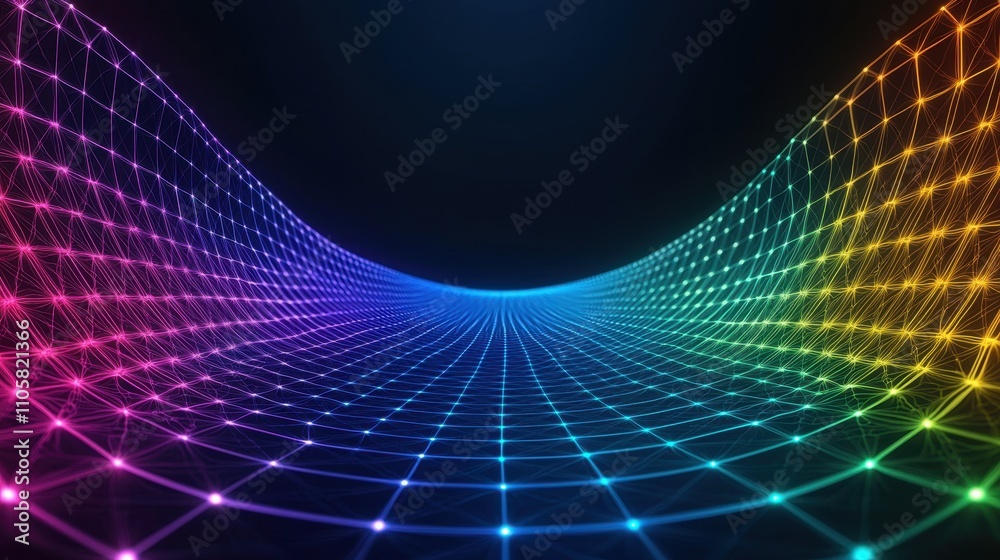 Colorful 3D Digital Mesh Grid with Vibrant Waves and Light Points on Black Background Colorful 3D Digital Mesh Grid with Vibrant Waves and Light Points on Black Background