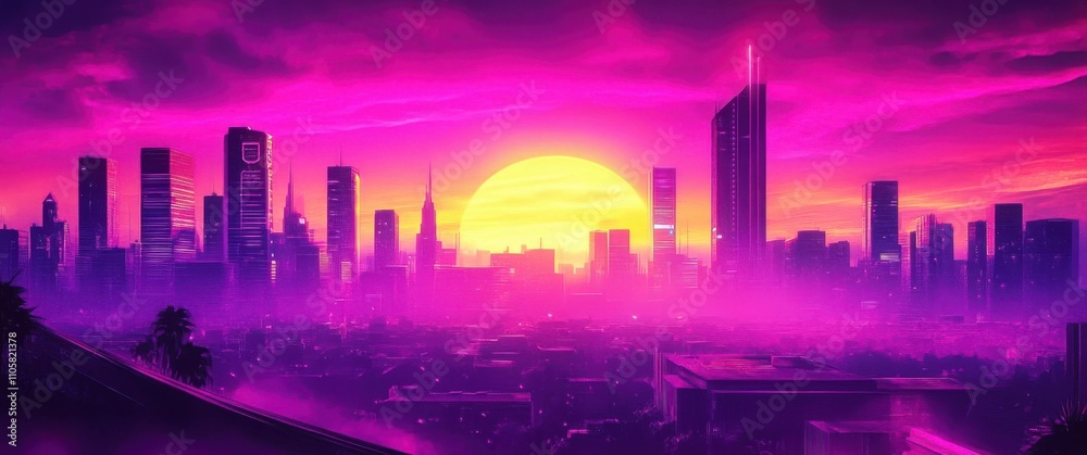 A breathtaking wide-angle view of a cyberpunk city skyline. A breathtaking wide-angle view of a cyberpunk city skyline.