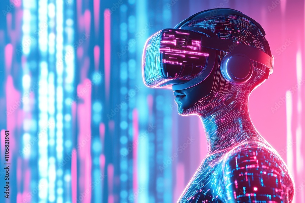 Digital persona explores vibrant neon VR space.