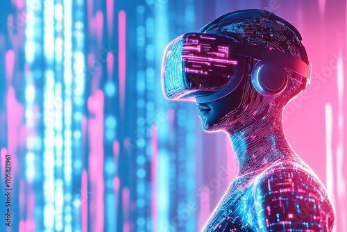 Digital persona explores vibrant neon VR space.