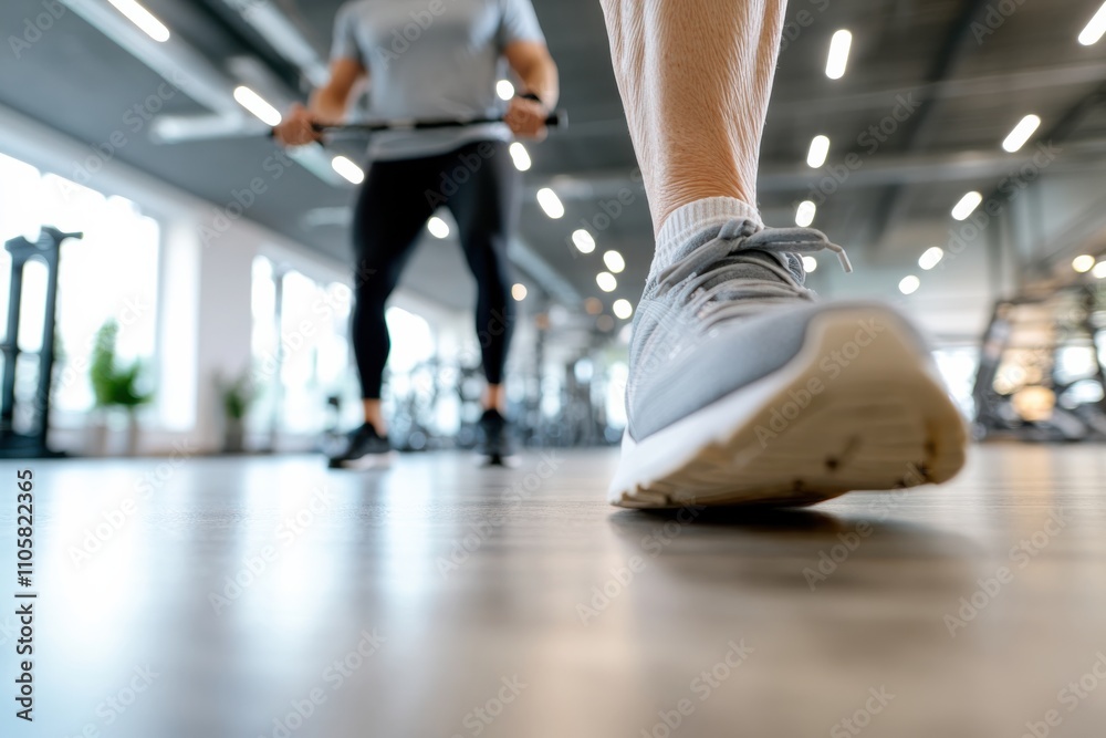 A detailed close-up of a person's athletic shoe in the gym, capturing the energy of movement and physical activity in a vibrant workout space filled with equipment. A detailed close-up of a person's athletic shoe in the gym, capturing the energy of movement and physical activity in a vibrant workout space filled with equipment.