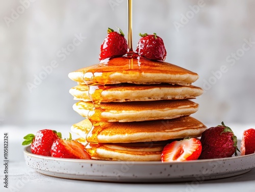 A stack of fluffy pancakes drizzled with syrup and topped with fresh strawberries, served on a simple plate. photo