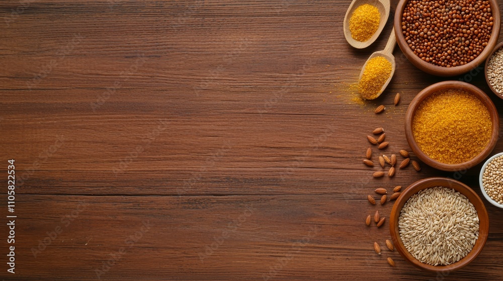 A collection of various spices and seeds displayed in wooden bowls on a rustic wooden surface, showcasing earthy colors and textures. A collection of various spices and seeds displayed in wooden bowls on a rustic wooden surface, showcasing earthy colors and textures.