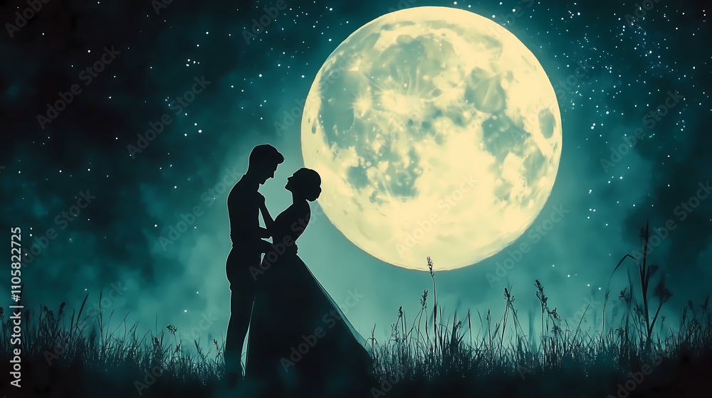 Fototapeta premium A couple is embracing and dancing passionately, illuminated by the glow of a full moon amidst a tranquil night