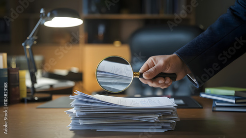 Magnifying glass revealing hidden financial irregularities in a stack of documents, emphasizing secrecy and deception in a dimly lit office setting.