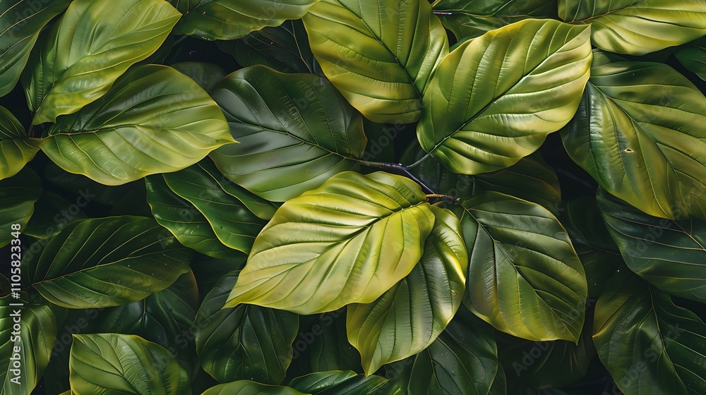 A detailed view of the smooth, oval leaves of a beech tree, with fine veins and a glossy surface A detailed view of the smooth, oval leaves of a beech tree, with fine veins and a glossy surface